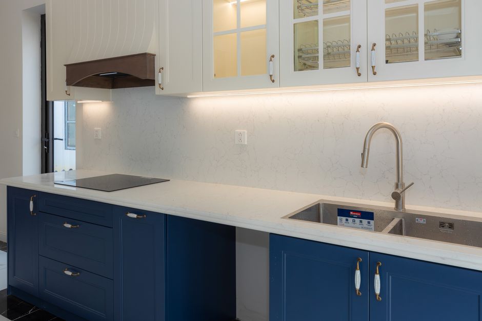 Close up of custom kitchen cabinet hardware and finish